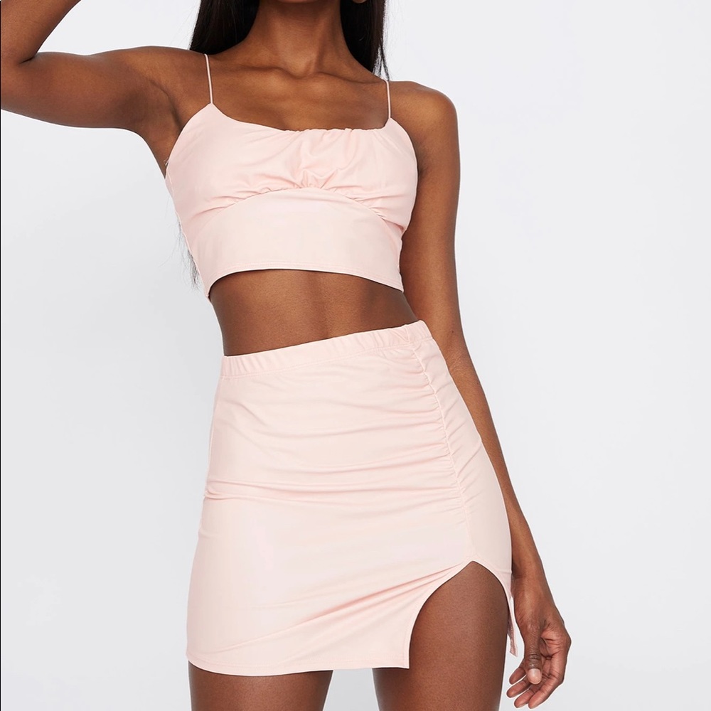Faux-Leather Ruched Cropped Top & Skirt | urban planet